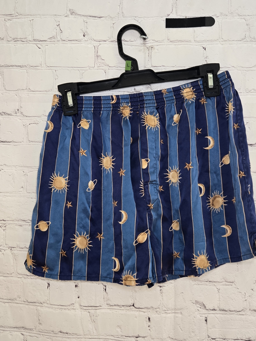 Blue 90s Celestial Sun & Moon Striped Lounge Shorts 100% Silk Boxer Sleep Shorts